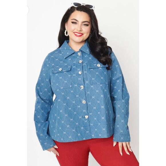 Unique Vintage Plus Blue Bow Denim Jacket Coat 1X NWT - Picture 1 of 9